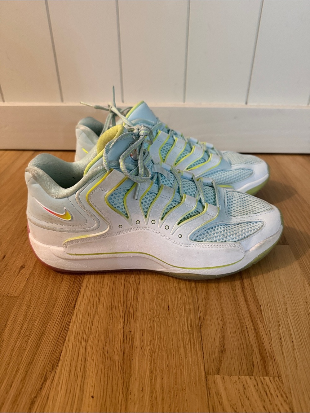 Nike White and Light Blue Sneakers with Neon Yellow Accents